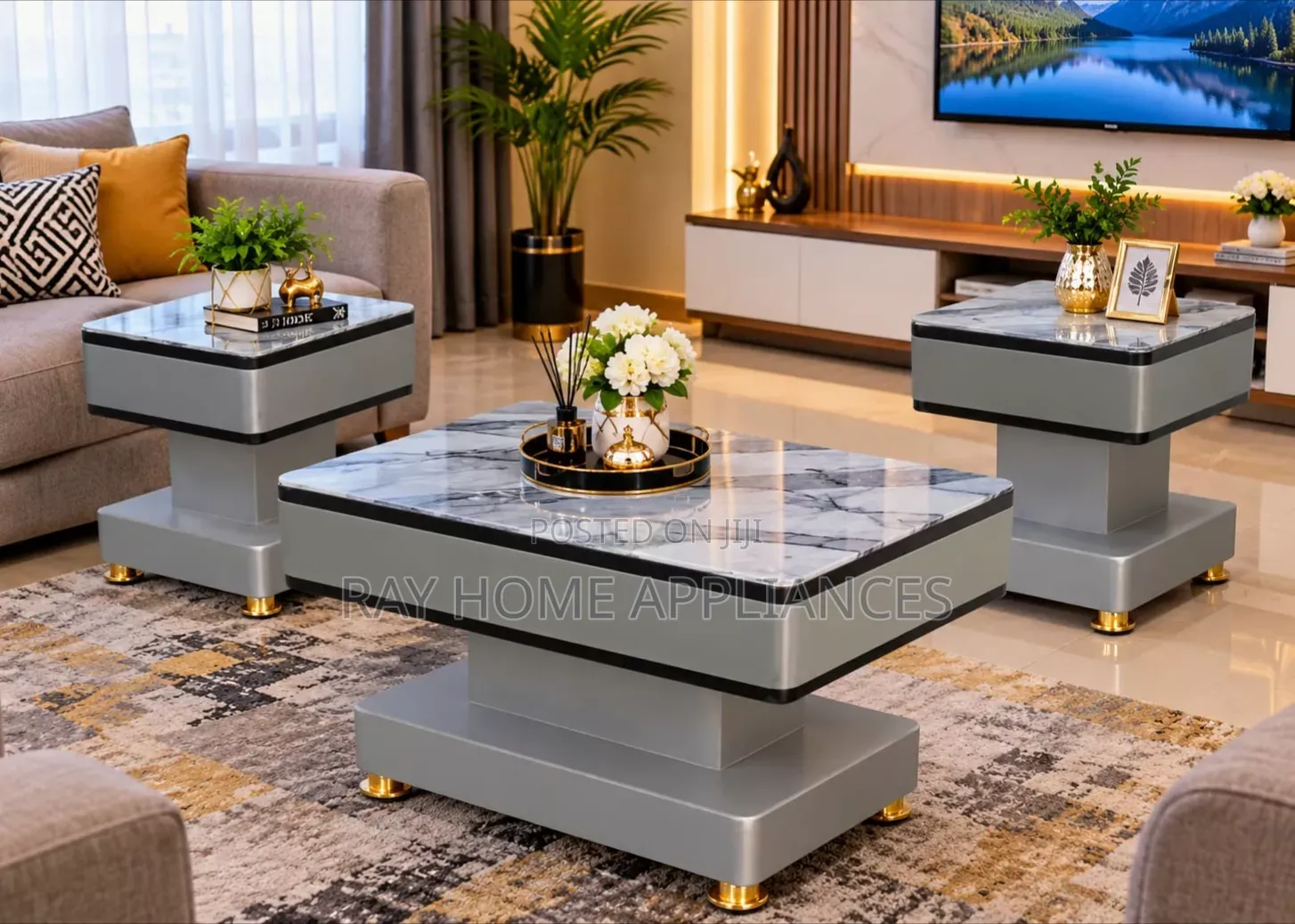 GREY COFFEE TABLE With Glass/Marble Topping With 2 Stools