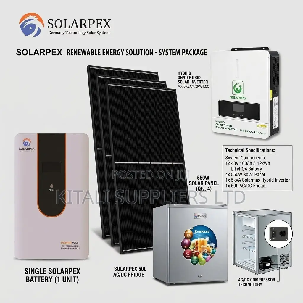 5KVA With 48V 100Ah LiFePO4 Battery, 4×550W Panels & 50L AC/DC Fridge