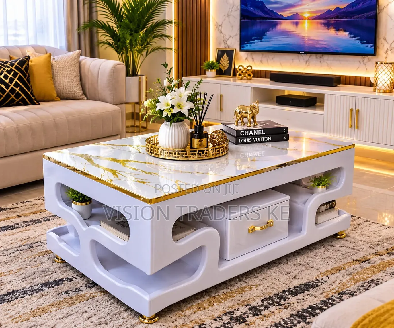 Executive Black Coffee Table With Marble Topping