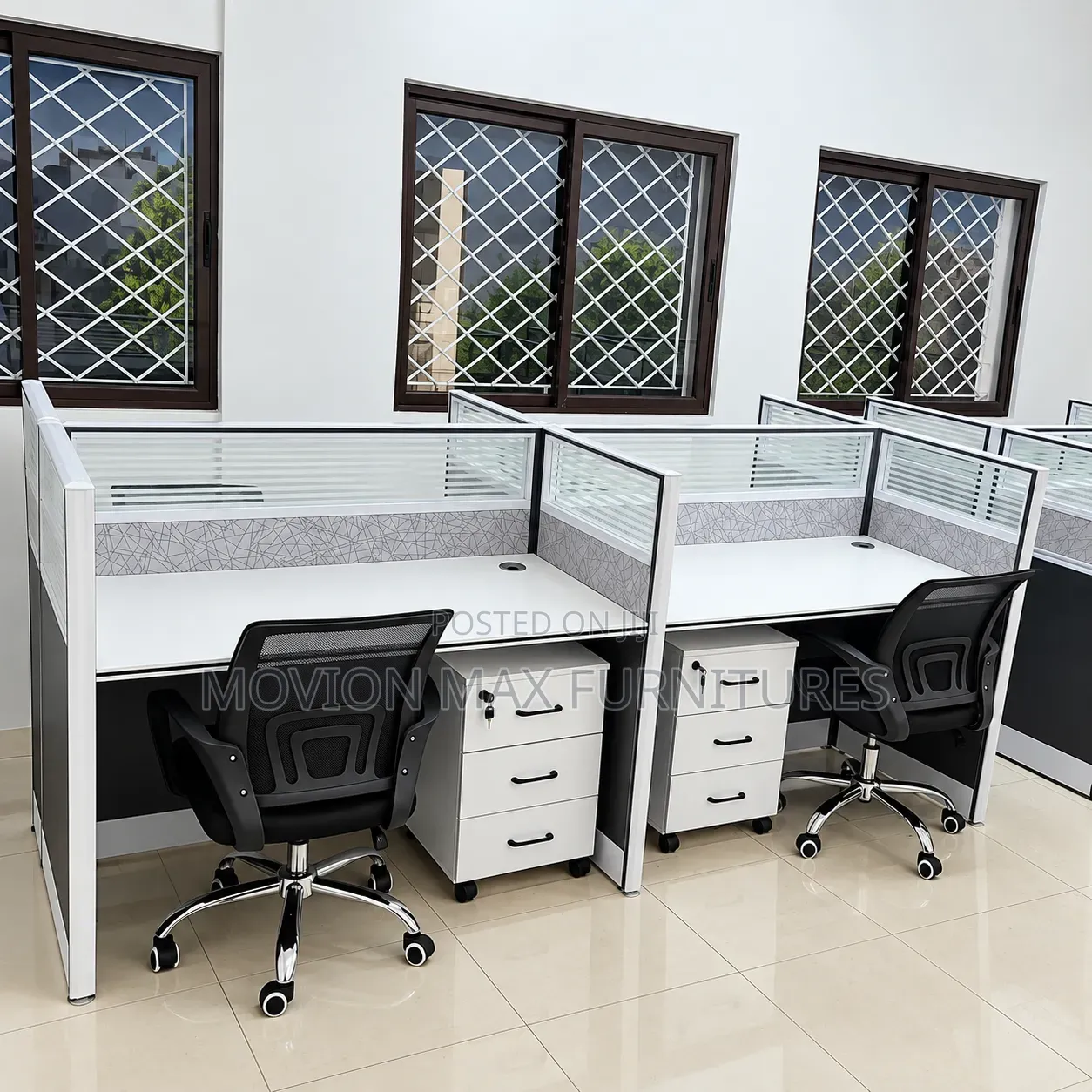 Modern 4-Person Office Workstation With Privacy Screens & Pedestals