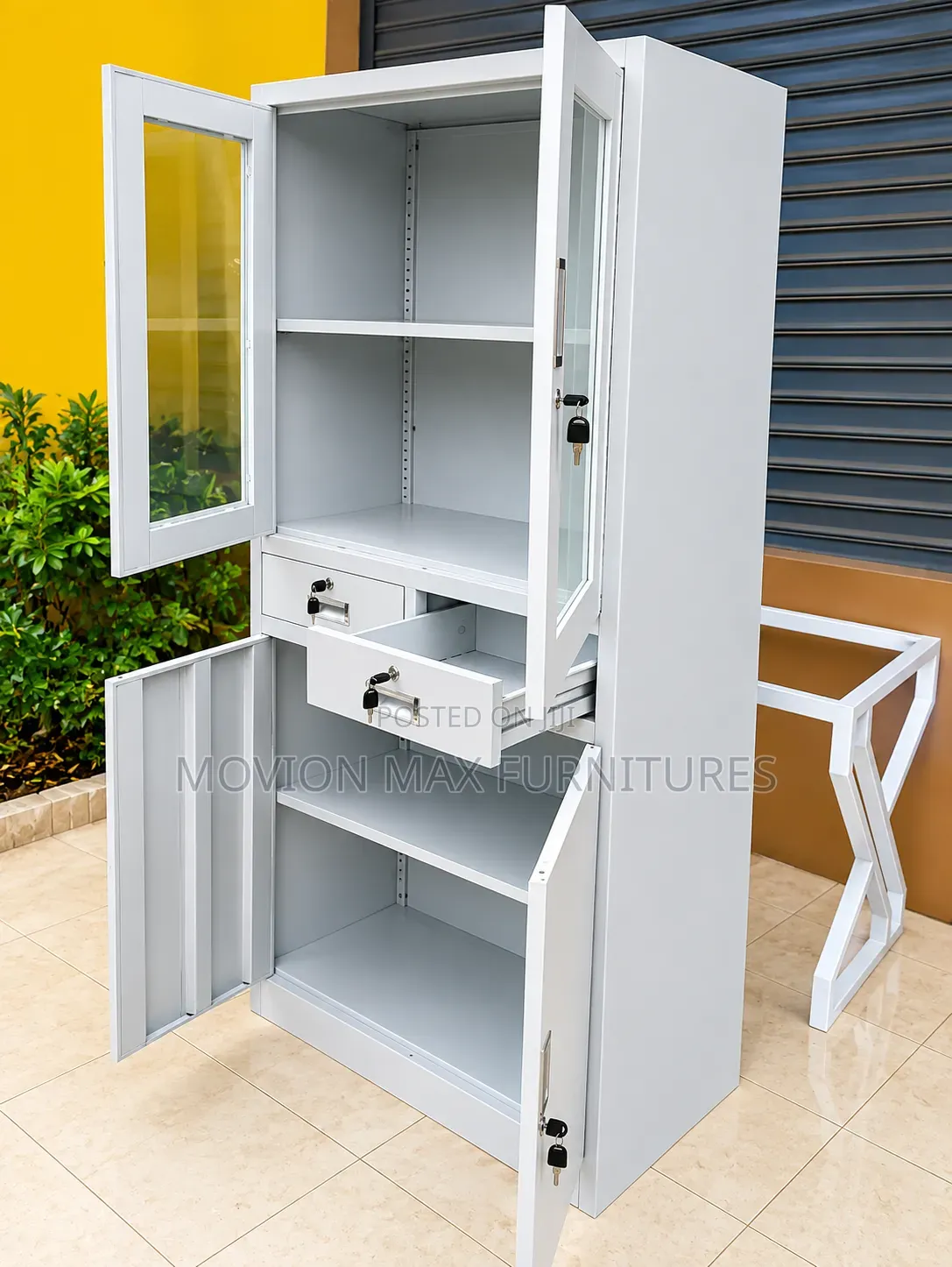 Steel Office Storage Cabinet With Glass Doors & Lockable Drawers