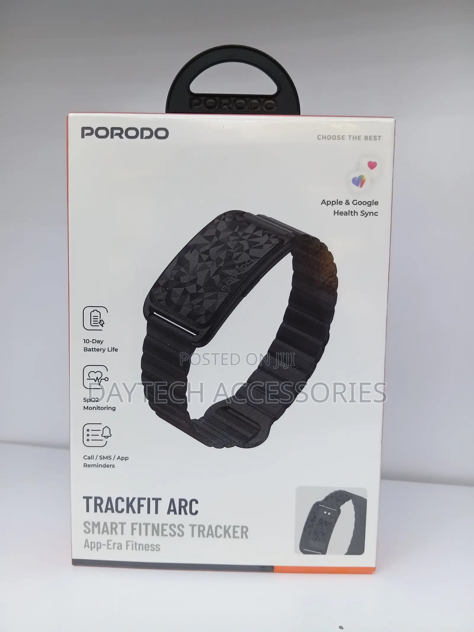 The Porodo TrackFit Arc Smart Fitness Tracker in Black