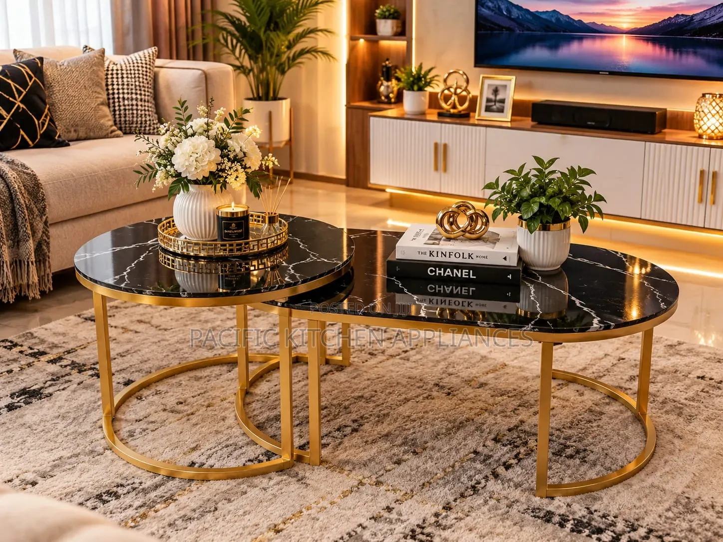 2 in 1 Marble Nesting Coffee Table (Glass Effect) Black