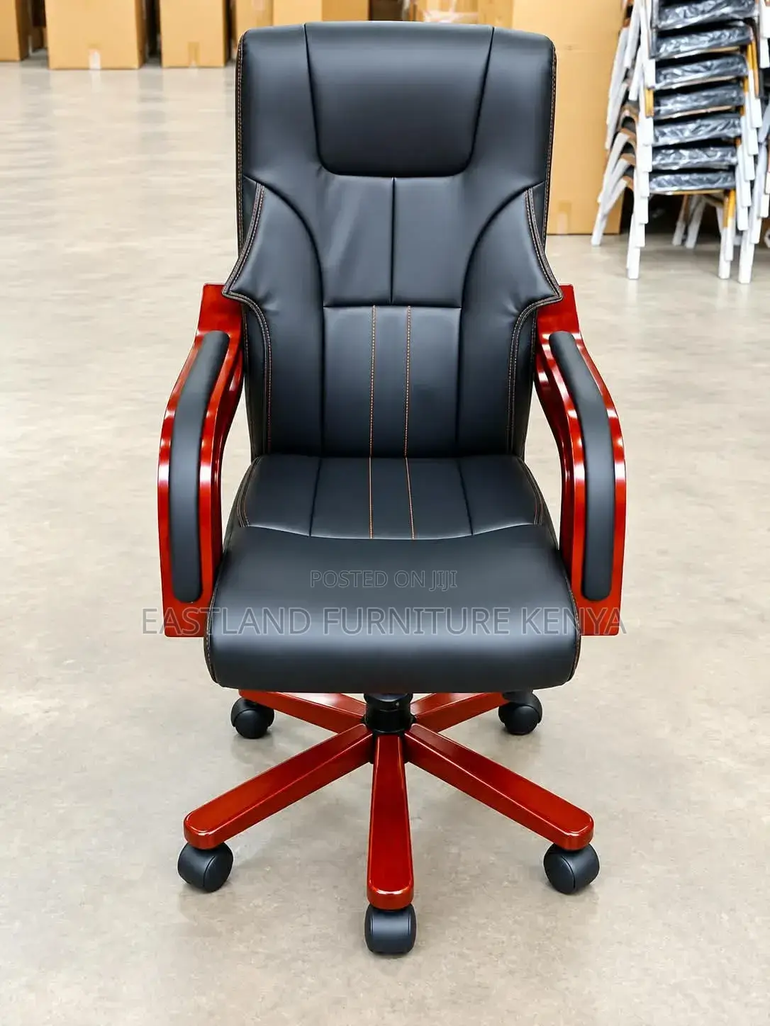 Executive High-Back Leather Office Chair With Wooden Arms & Base