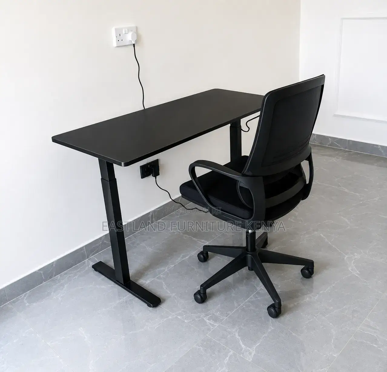 Modern Black Office Desk With Ergonomic Mesh Chair