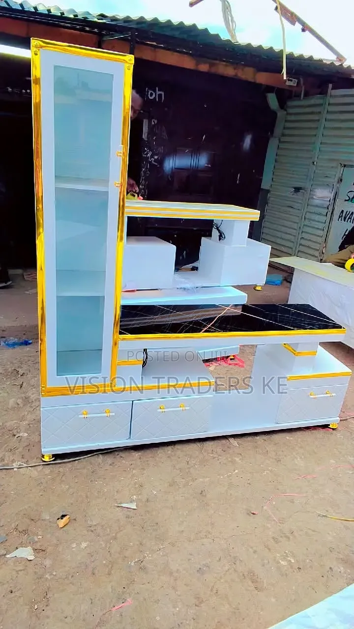 Executive Extended TV Stand With Marble Coating & Shelf Cabinet
