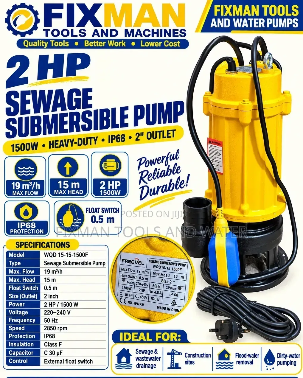Freevel Sewage Pump 2hp 1500 Watts Best for Drainage and Water Supply
