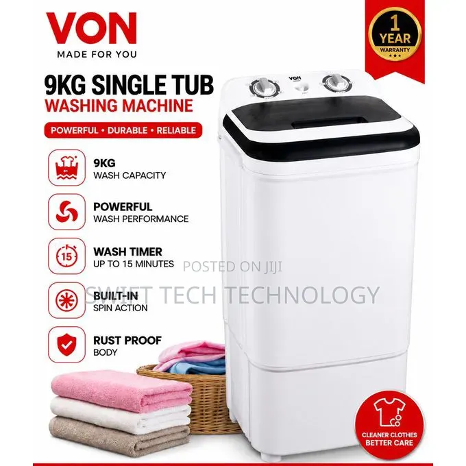 VON 9KG Single Tub Washing Machine – Semi Automatic Top Load Washe