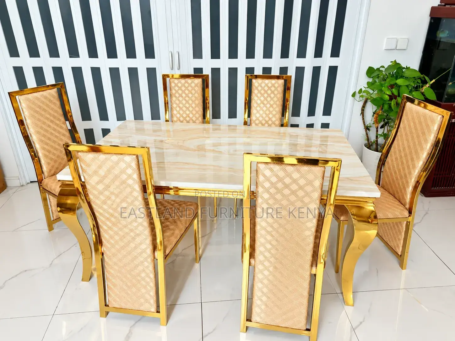 Luxury Gold-Frame Marble Dining Set – 6 Seater