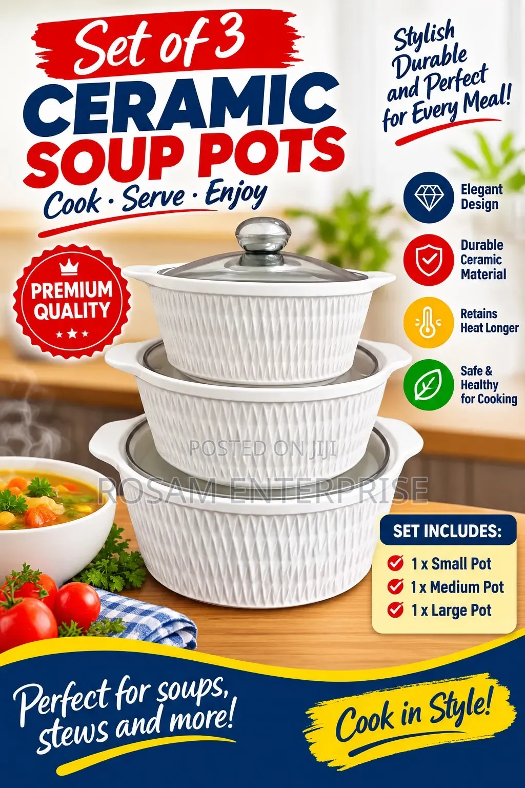 Set of 3 Ceramic Soup Pots