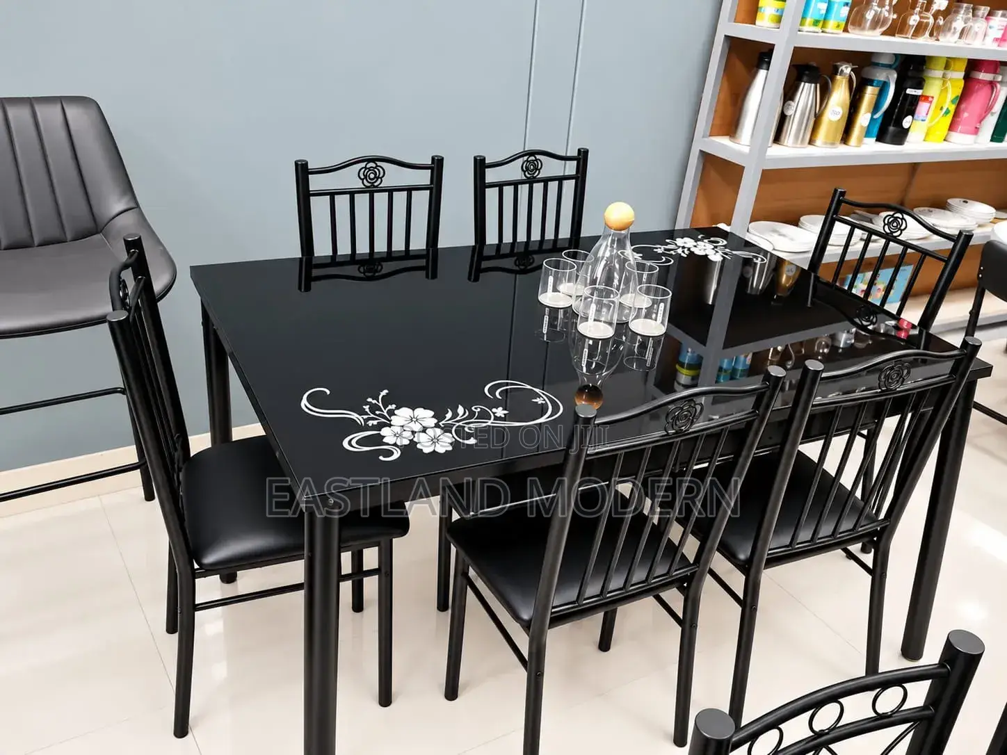Modern 6 Seater Dining Table Set With Black Chairs.