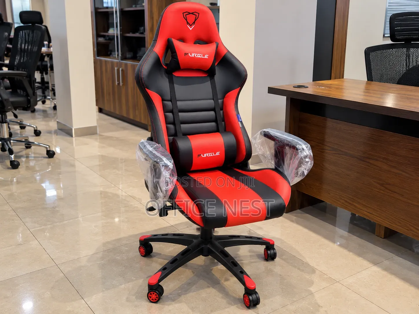 Red and Black Gaming Chair With Headrest.