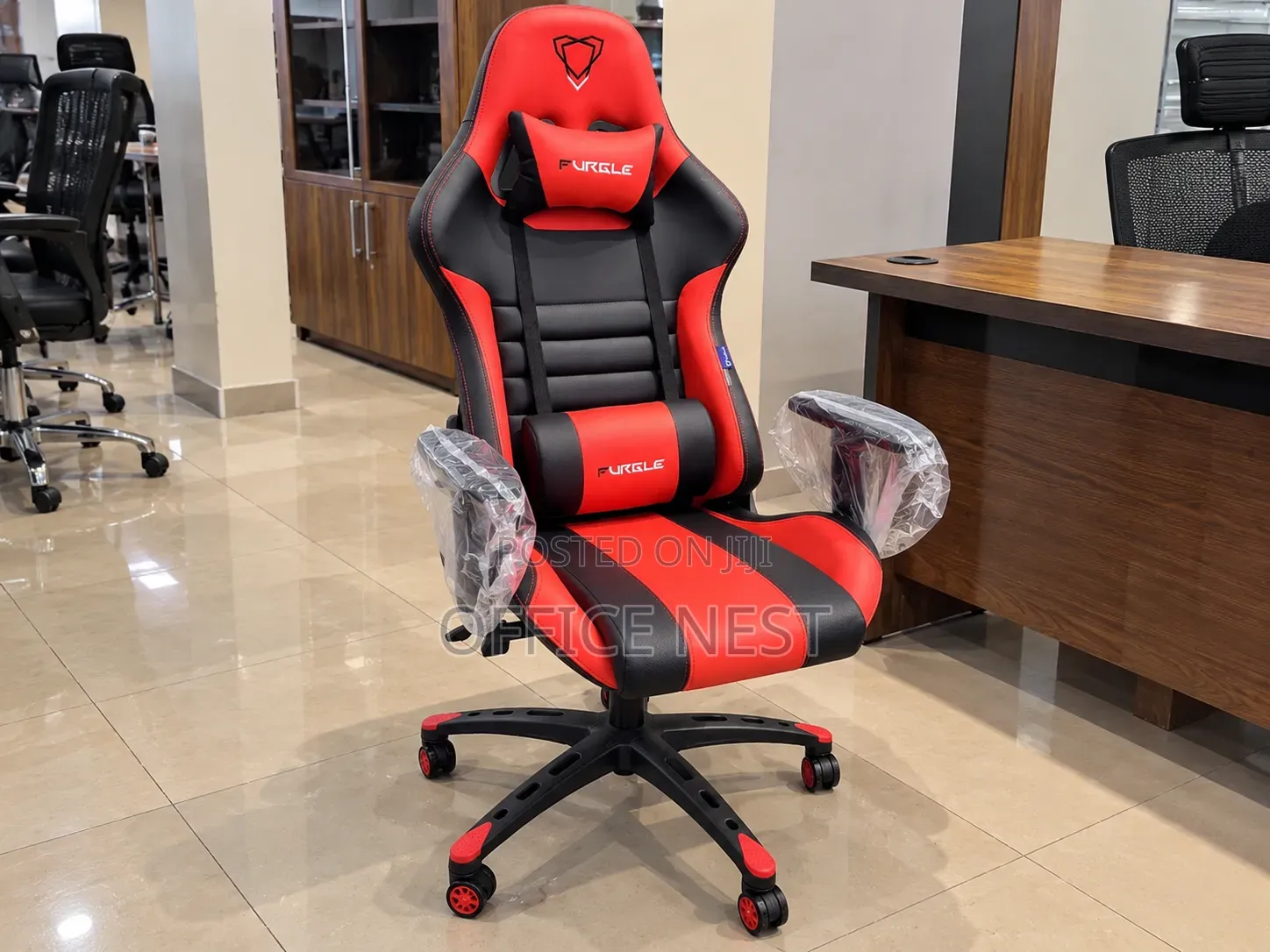 Red and Black Gaming Chair With Headrest.