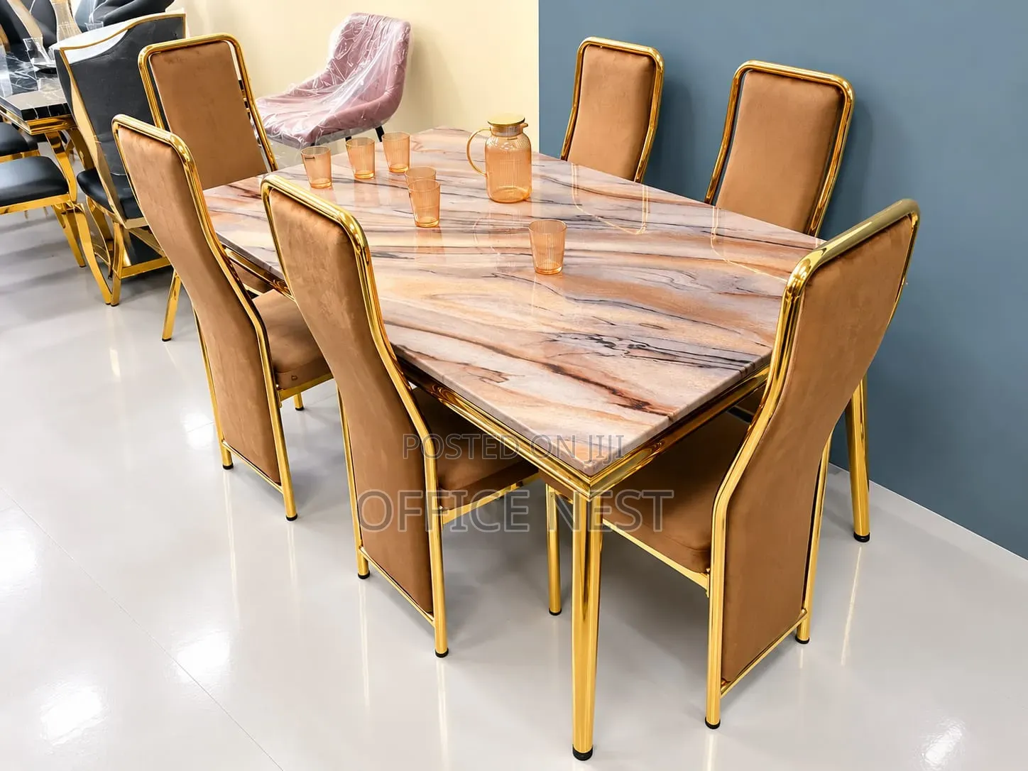 6 Seater Gold Dining Table Set With Velvet Chairs.
