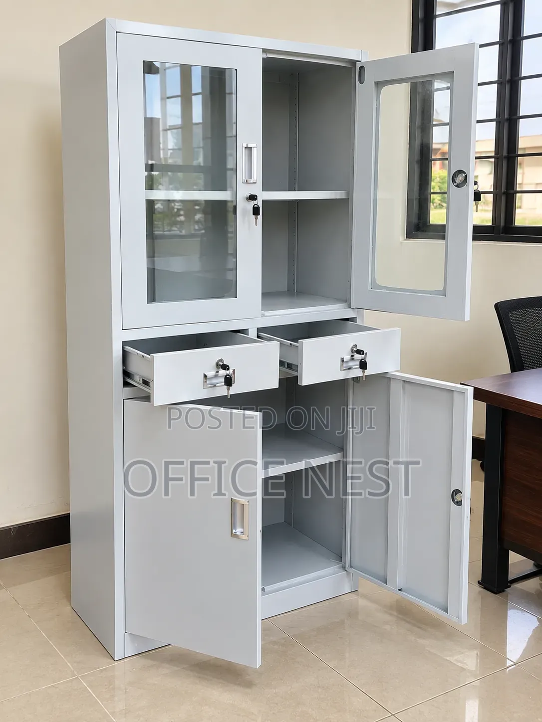 Steel Office Filing Cabinet With Glass Doors.
