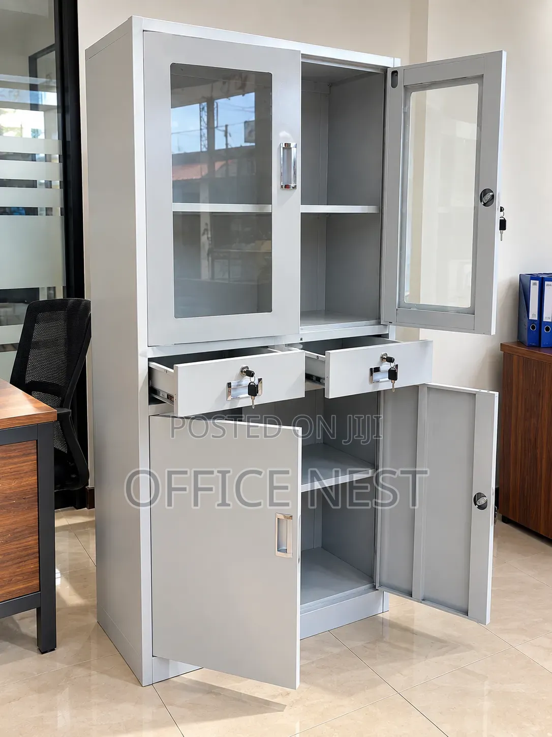 Steel Office Filing Cabinet With Glass Doors.