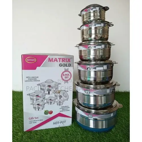 Hot Pot Set 6 Pieces Stainless Steel Silver Insulated Casserole Design