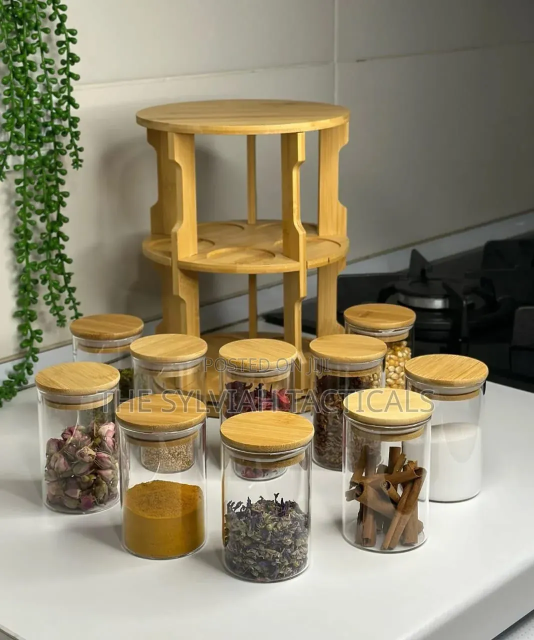 Bamboo 360° Rotating Spice Rack 1pc + 10pcs Glass Spice Jars