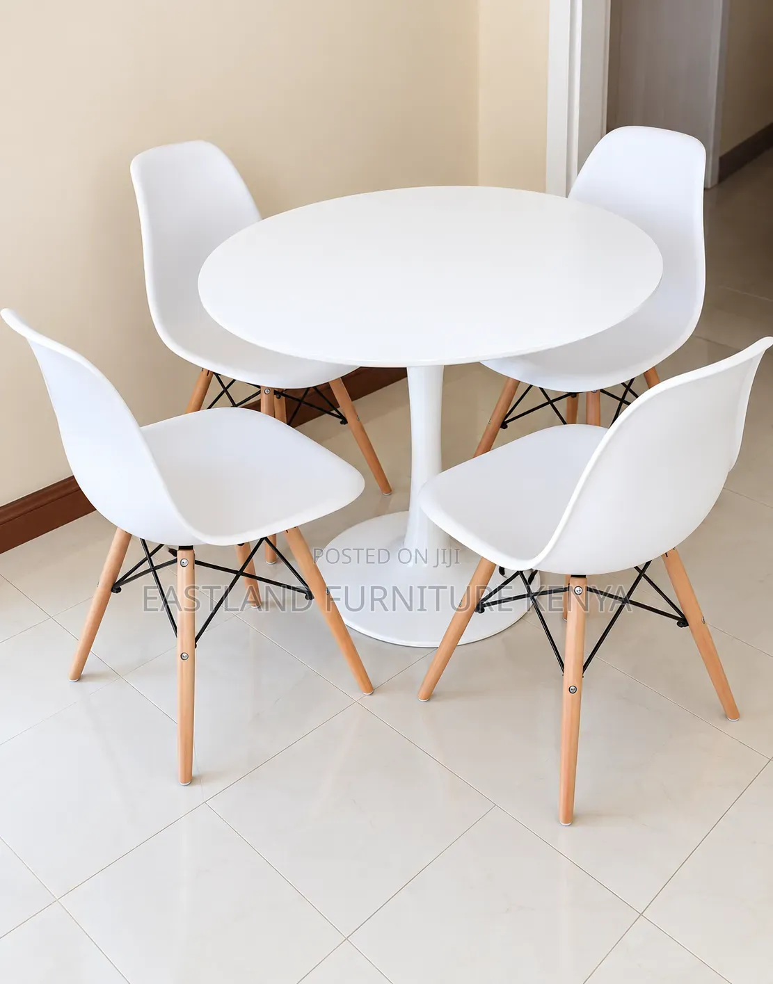 Modern 4-Seater Round Dining Set – White Table & Designer Chairs