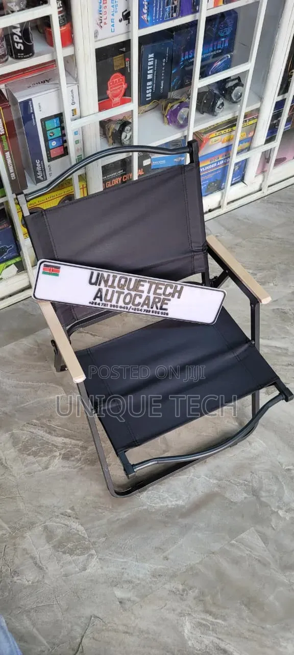 Portable Black Folding Camping Chair With Light Wooden Armrests