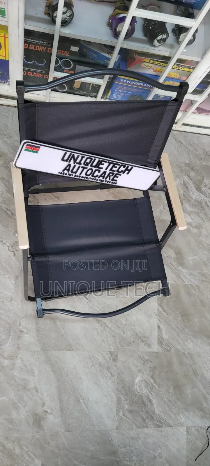 Foldable Black Camping Chair With Wooden Side Armrests