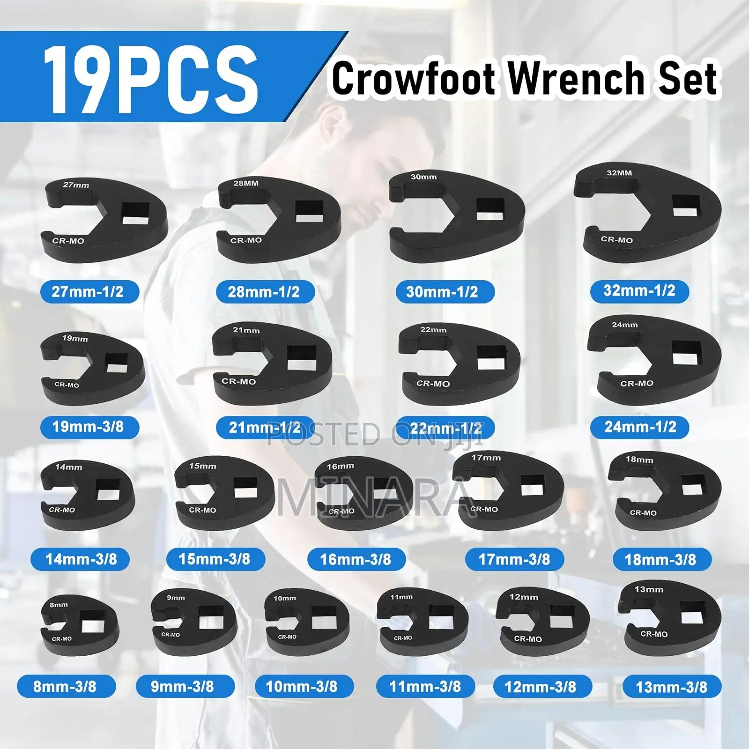 19 Pcs, Crows Foot Spanner Set,8-32mm Crowfoot Flare Nut Wrench Kit