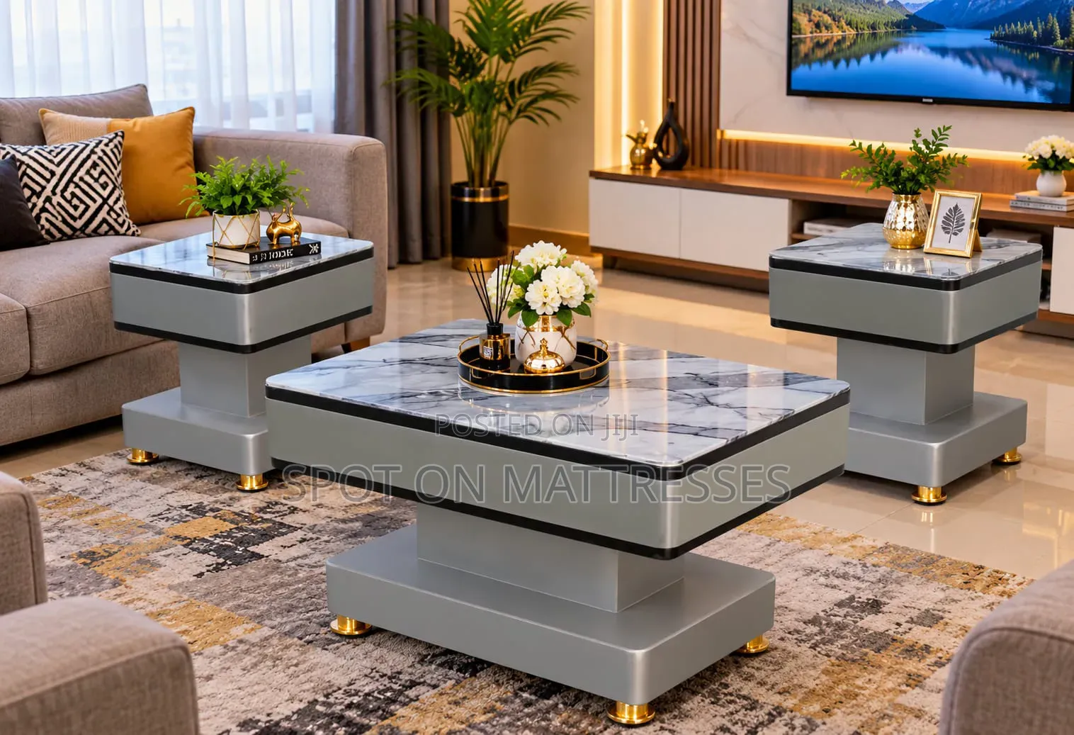 Coffee Table With 2 Matching Stools. Grey/White/Black. We Deliver!