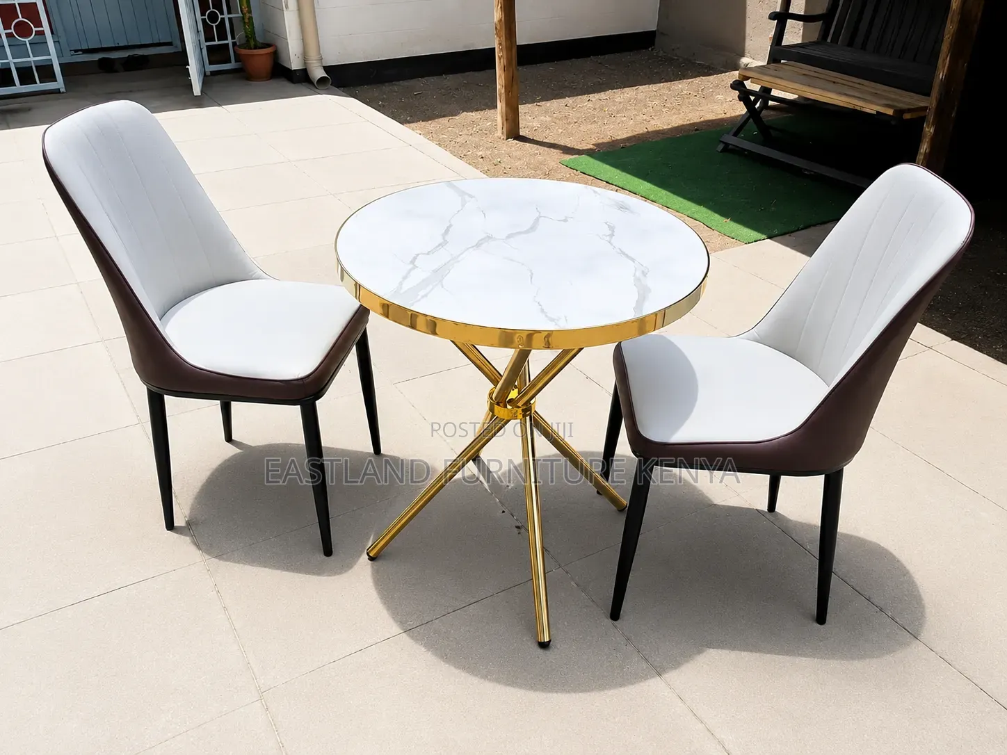 Luxury Marble-Top Dining Set With Gold Metal Base and 2 White & Brown