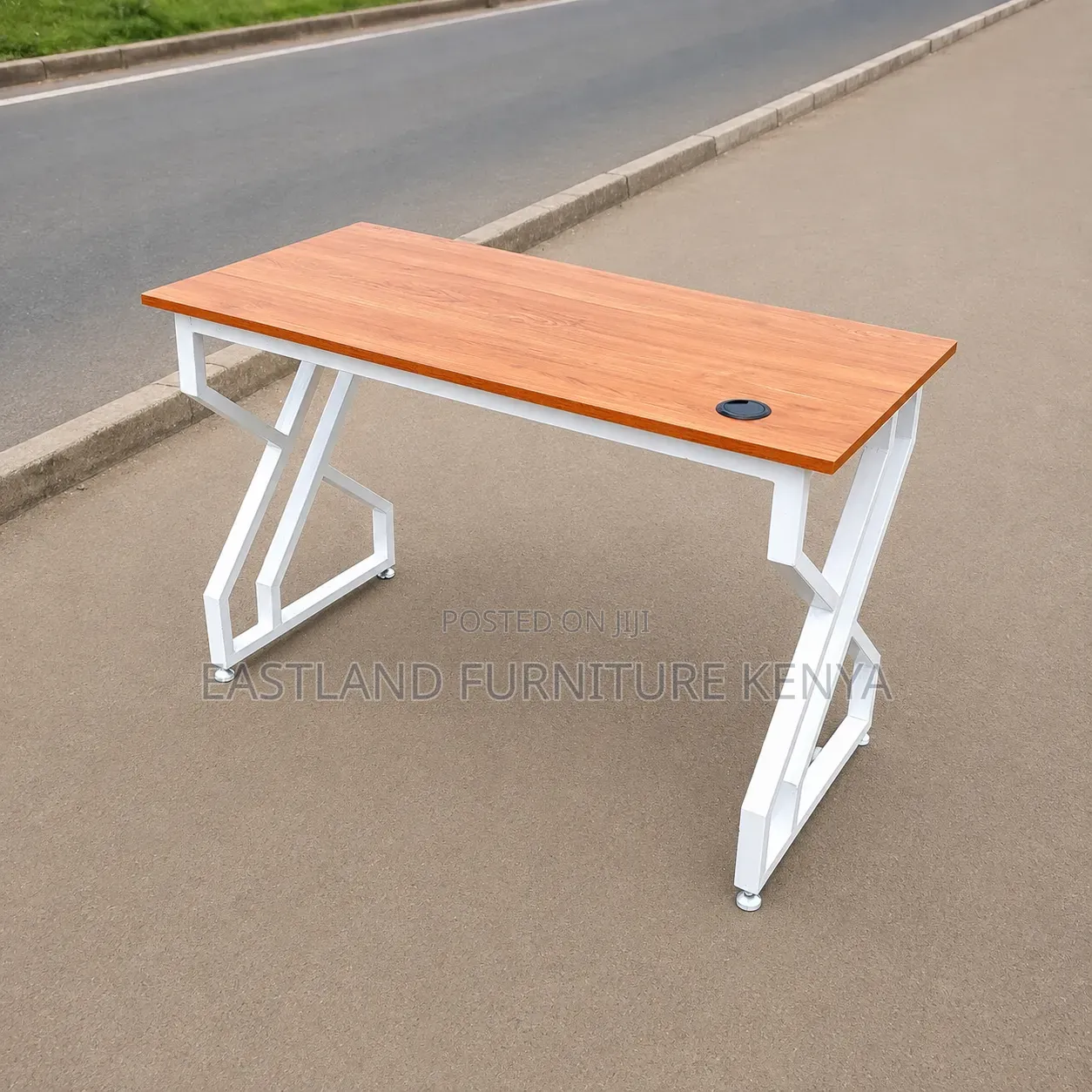 Modern Wooden Office Desk With White Geometric Metal Frame