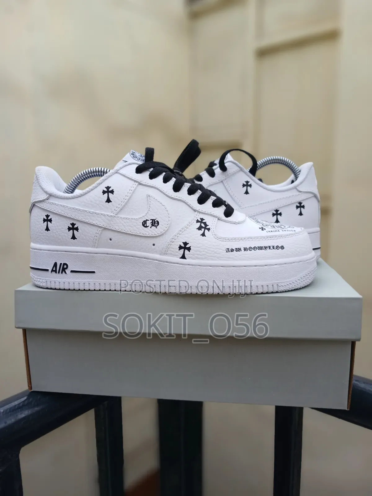 White Nike Air Force 1 Chrome Hearts Custom Sneakers.