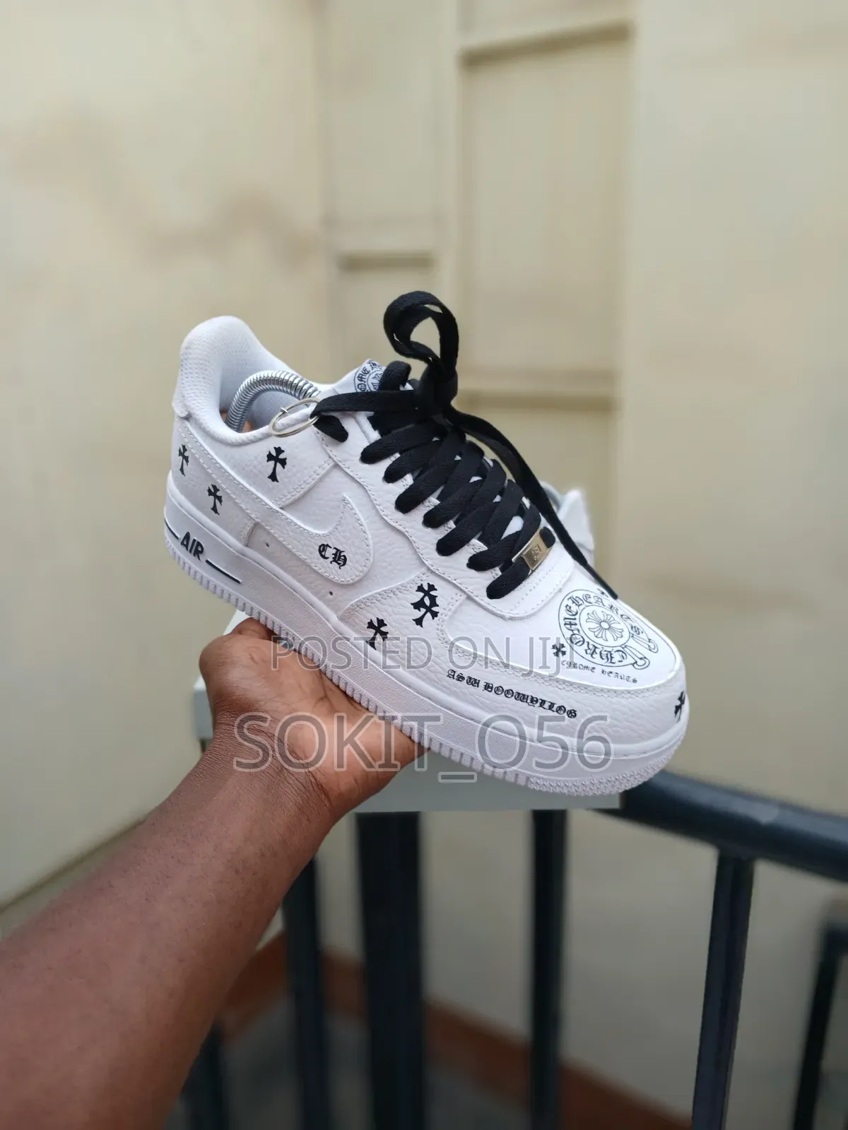 White Nike Air Force 1 Chrome Hearts Custom Sneakers.