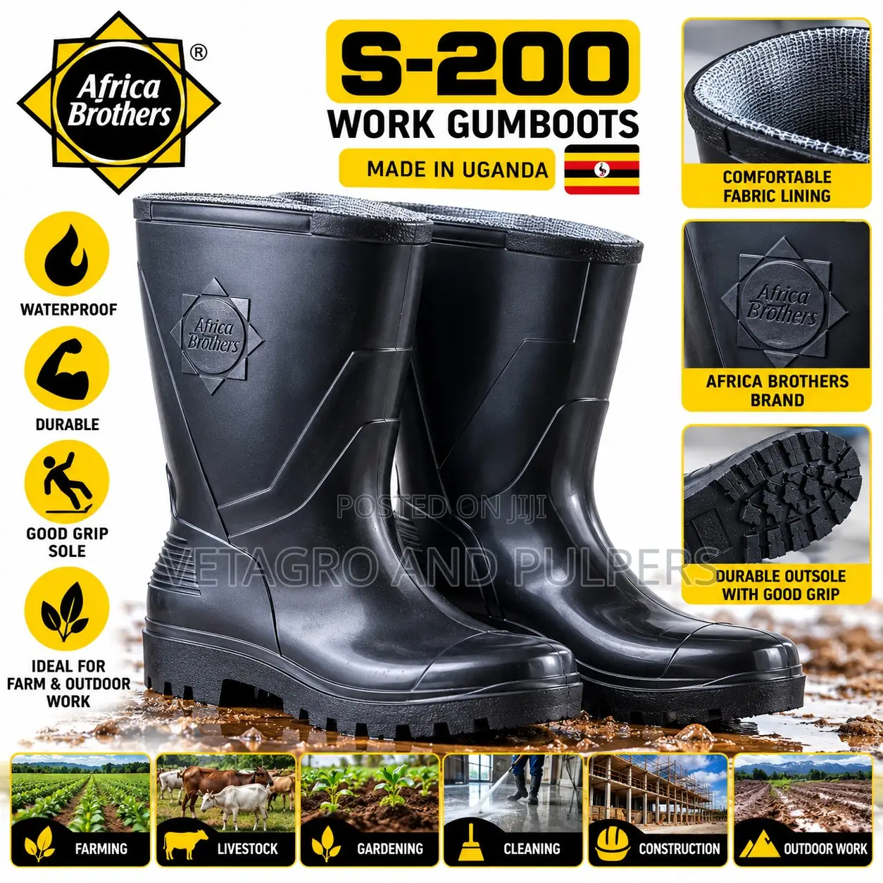 AFRICA Brother S-200 Black Work Gumboots- Waterproof & General Purpose