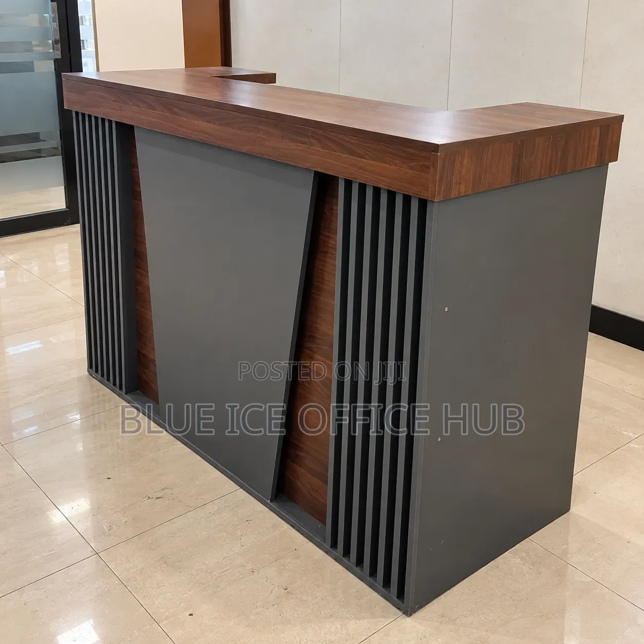 Modern Wooden Reception Desk – Brown and Grey Front Office Counter.