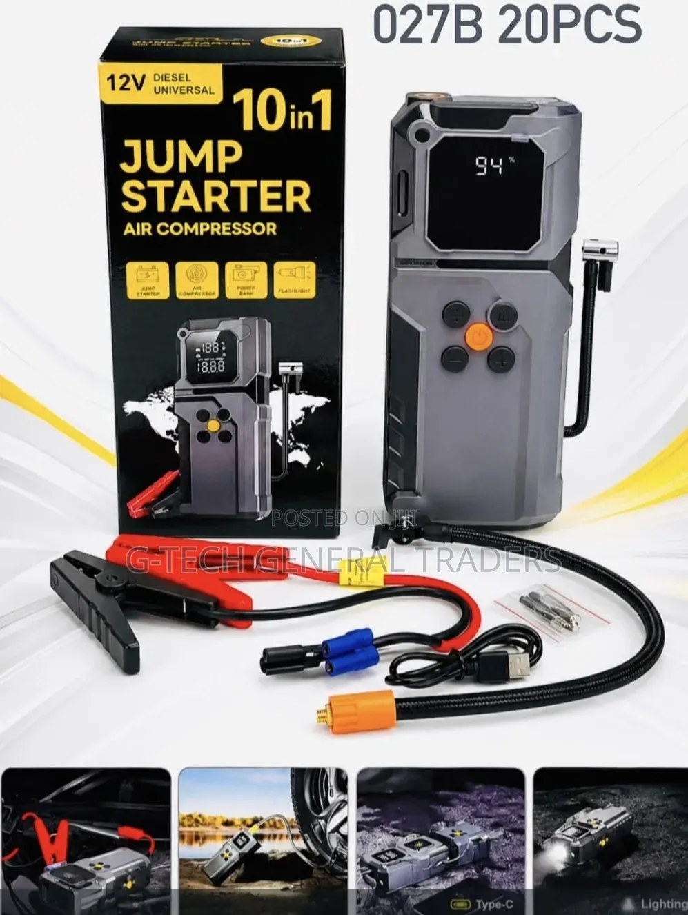 10in1 Portable 12V Car Battery Jump Starter and 150PSI Air Compressor
