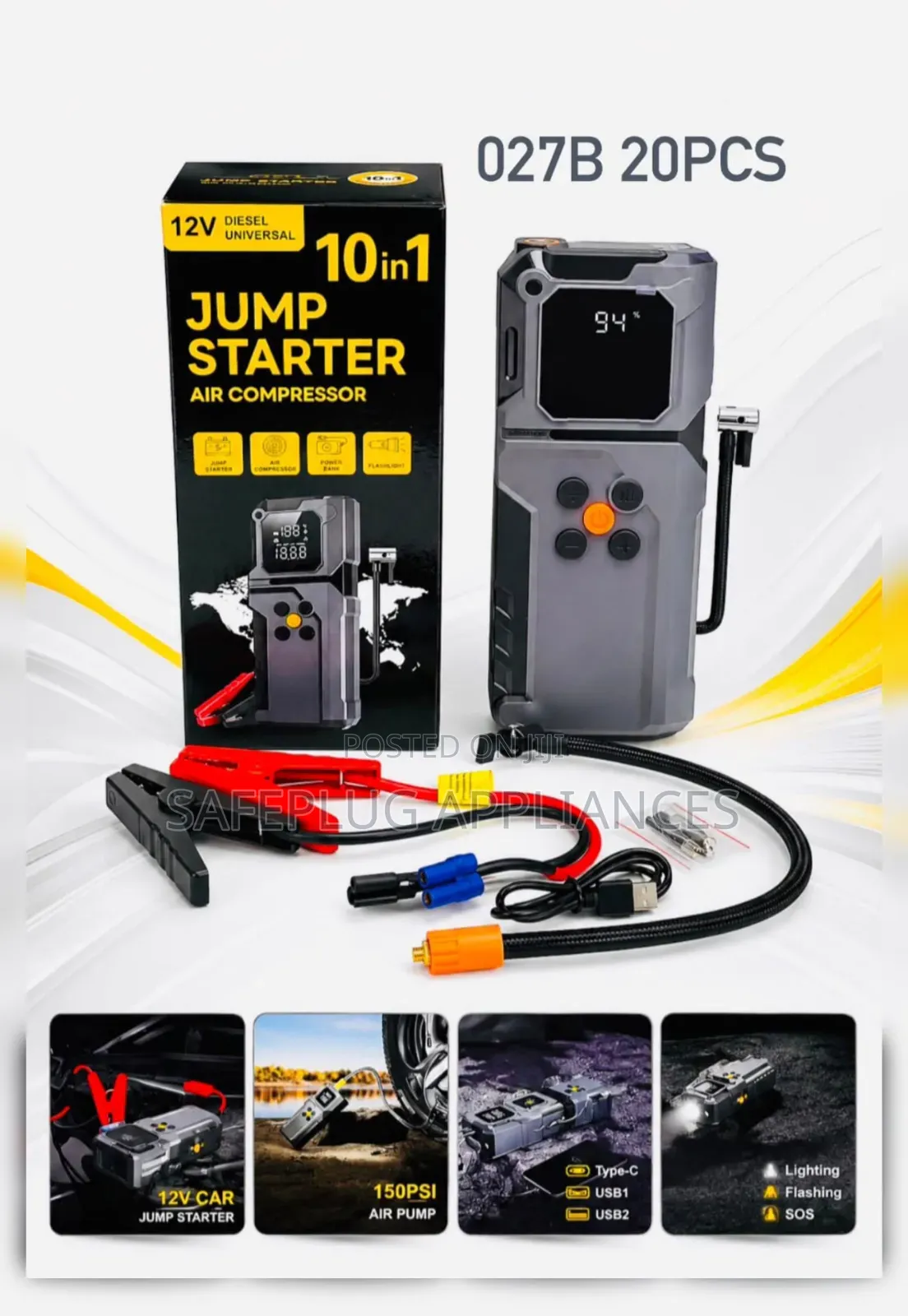 Portable 10-in-1 Vehicle Battery Jump Starter