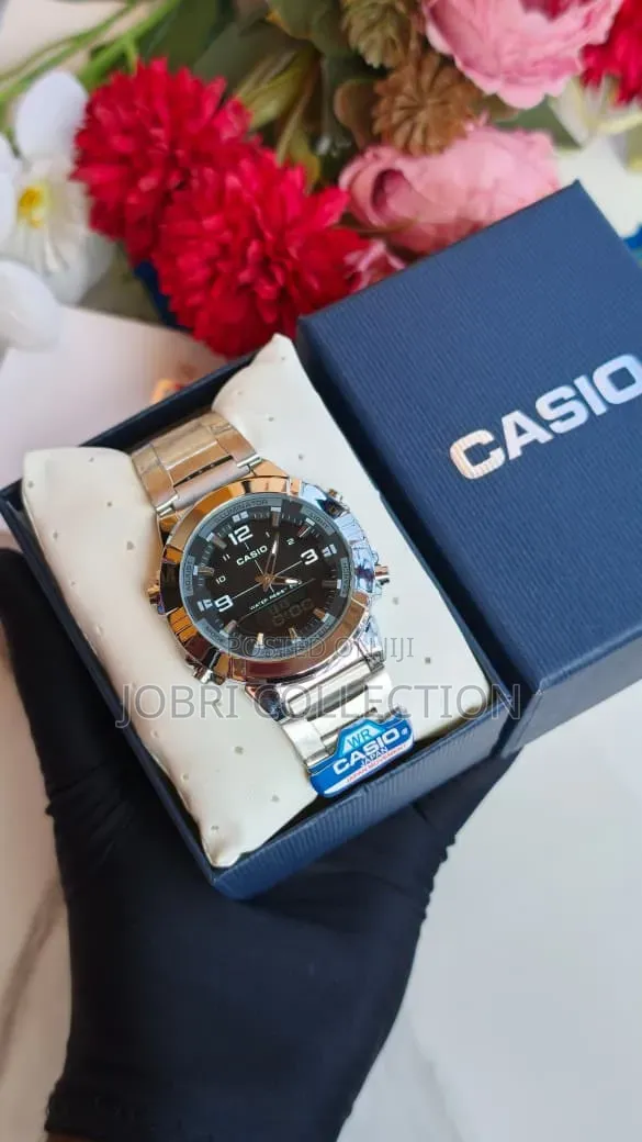 Black Face With Silver Straps Casio Dual Time Gents Watch