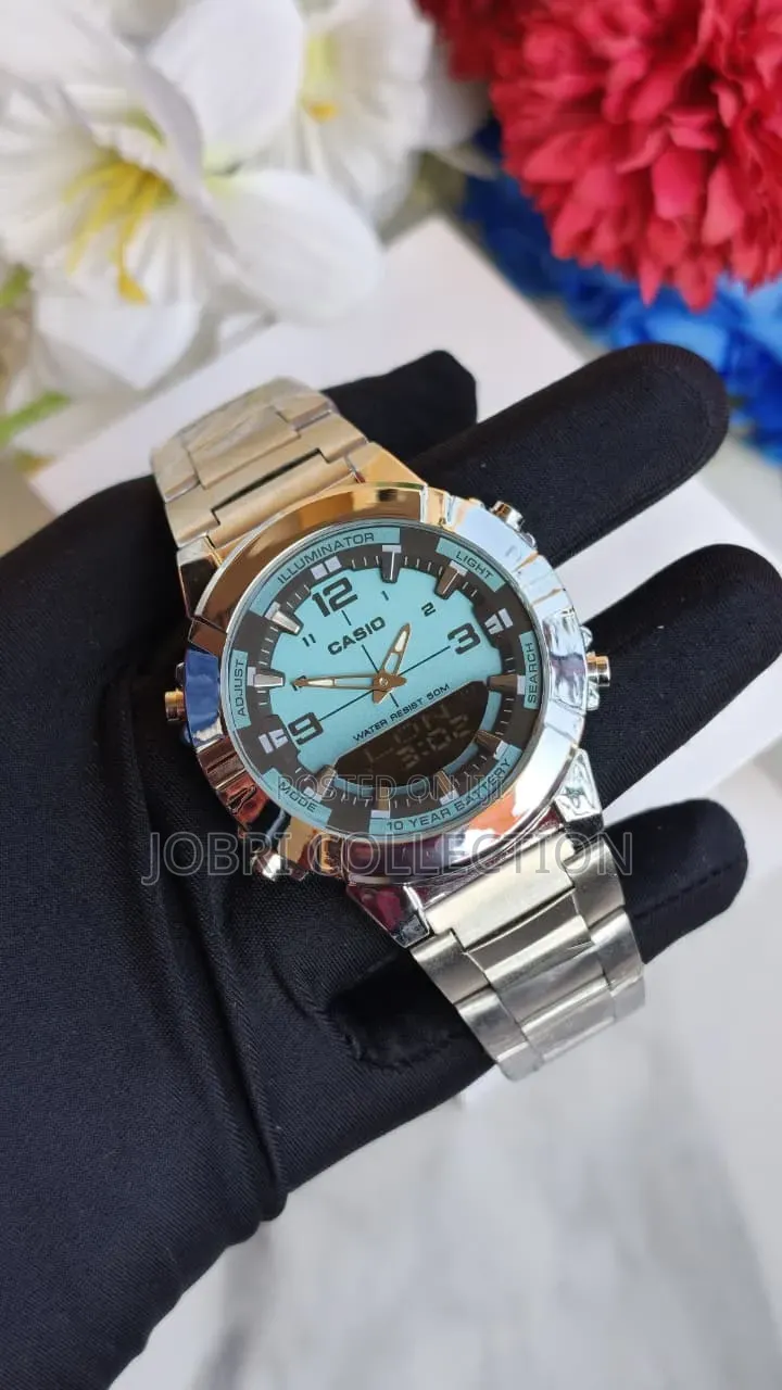 Blue Face With Silver Straps Casio Dual Display Gents Watch