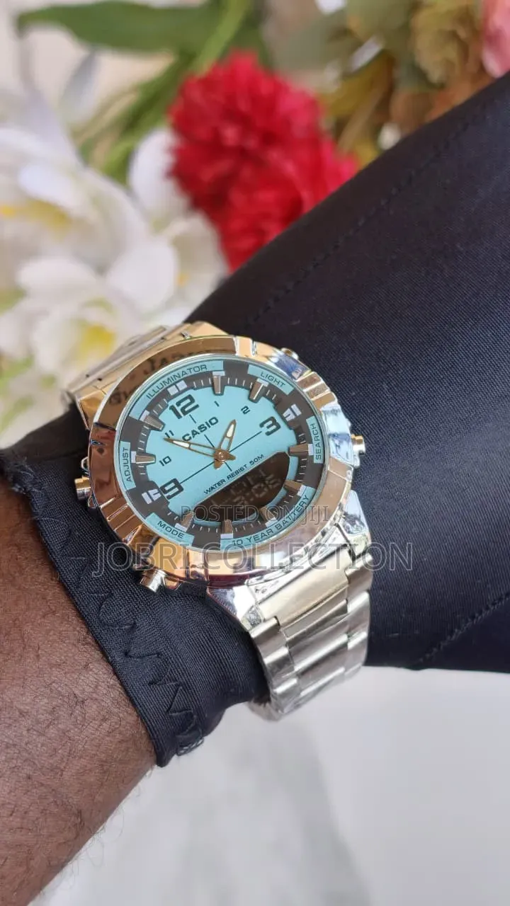 Blue Face With Silver Straps Casio Dual Display Gents Watch