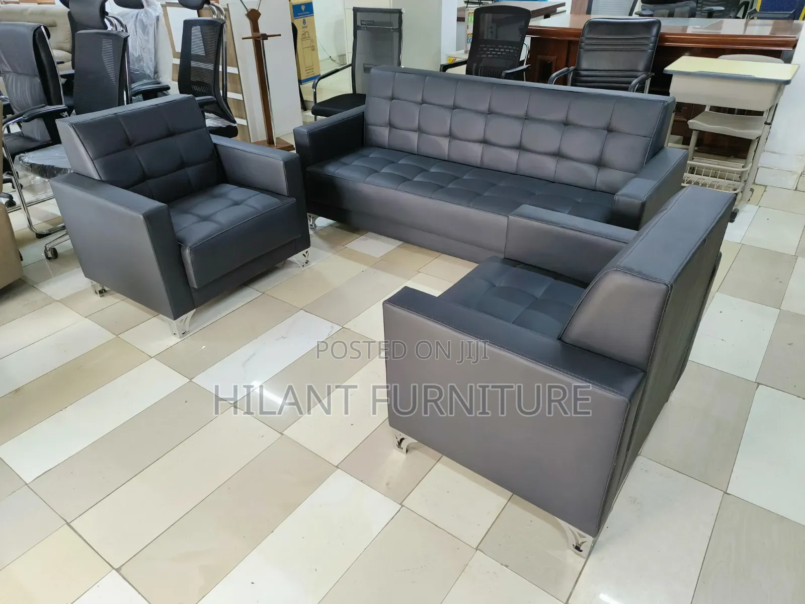 Executive Black Leather Office Sofa