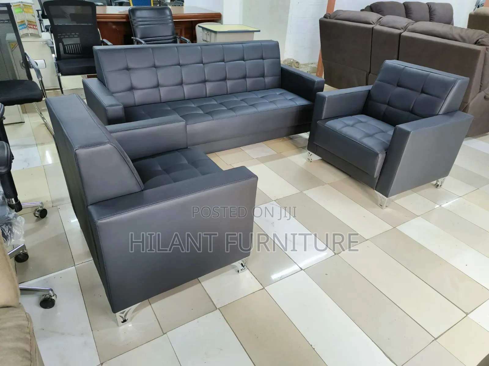 Executive Black Leather Office Sofa