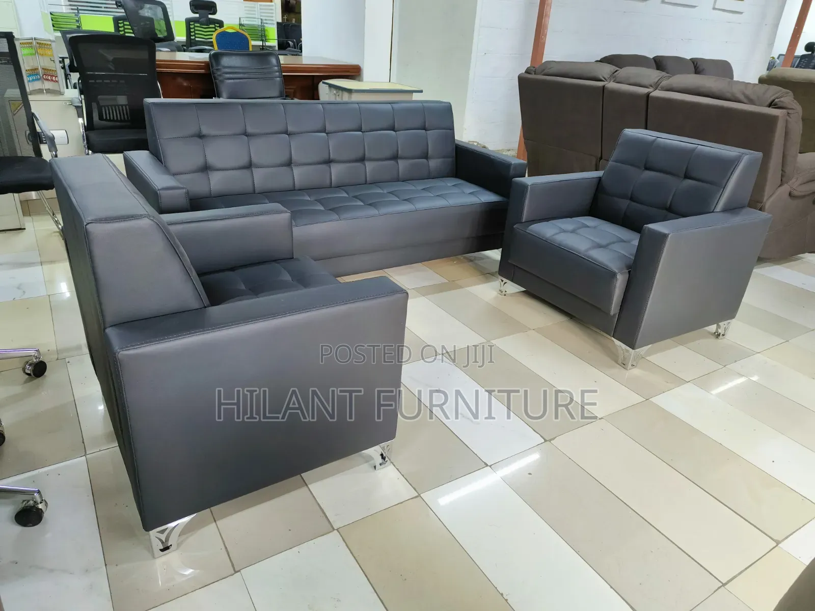Executive Black Leather Office Sofa