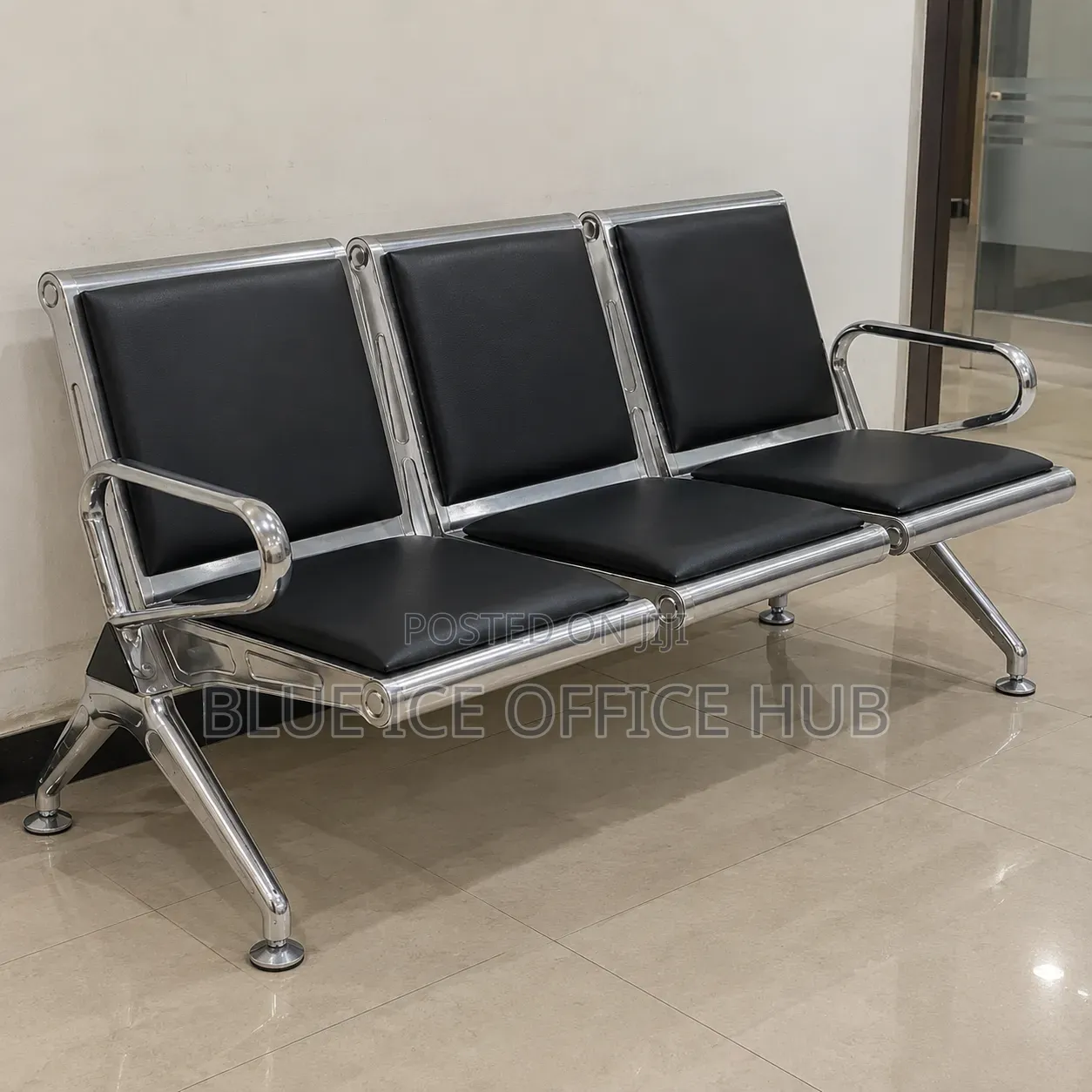 3 Seater Leather Waiting Bench – Black Office Reception Chair