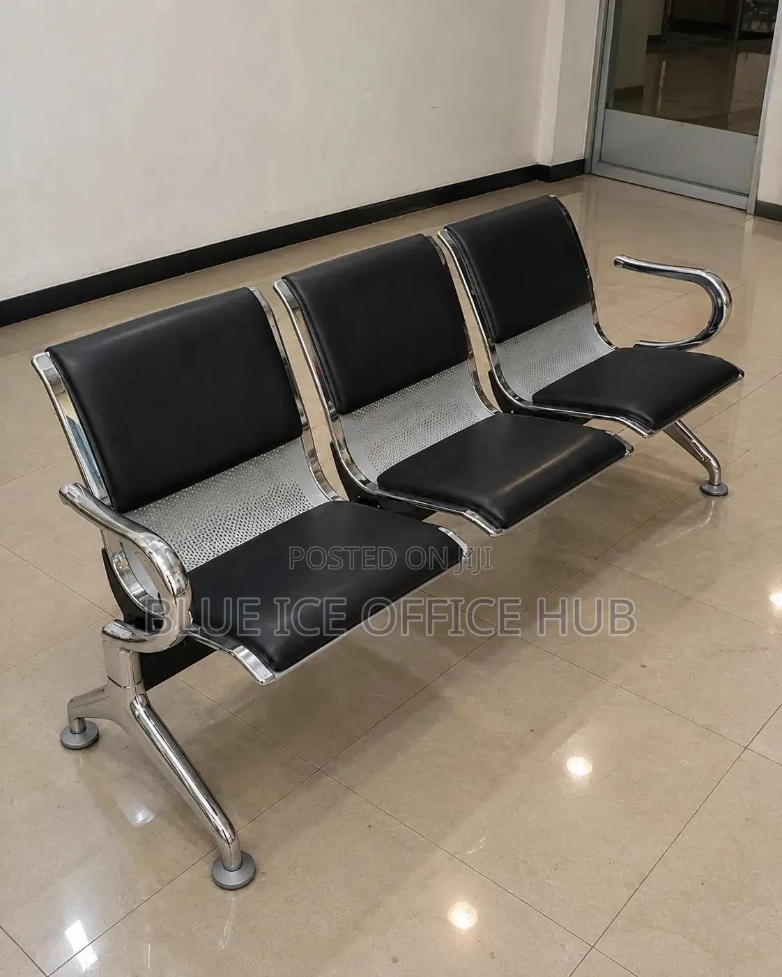 3 Seater Metallic Waiting Bench – Black Leather Office Reception Seats