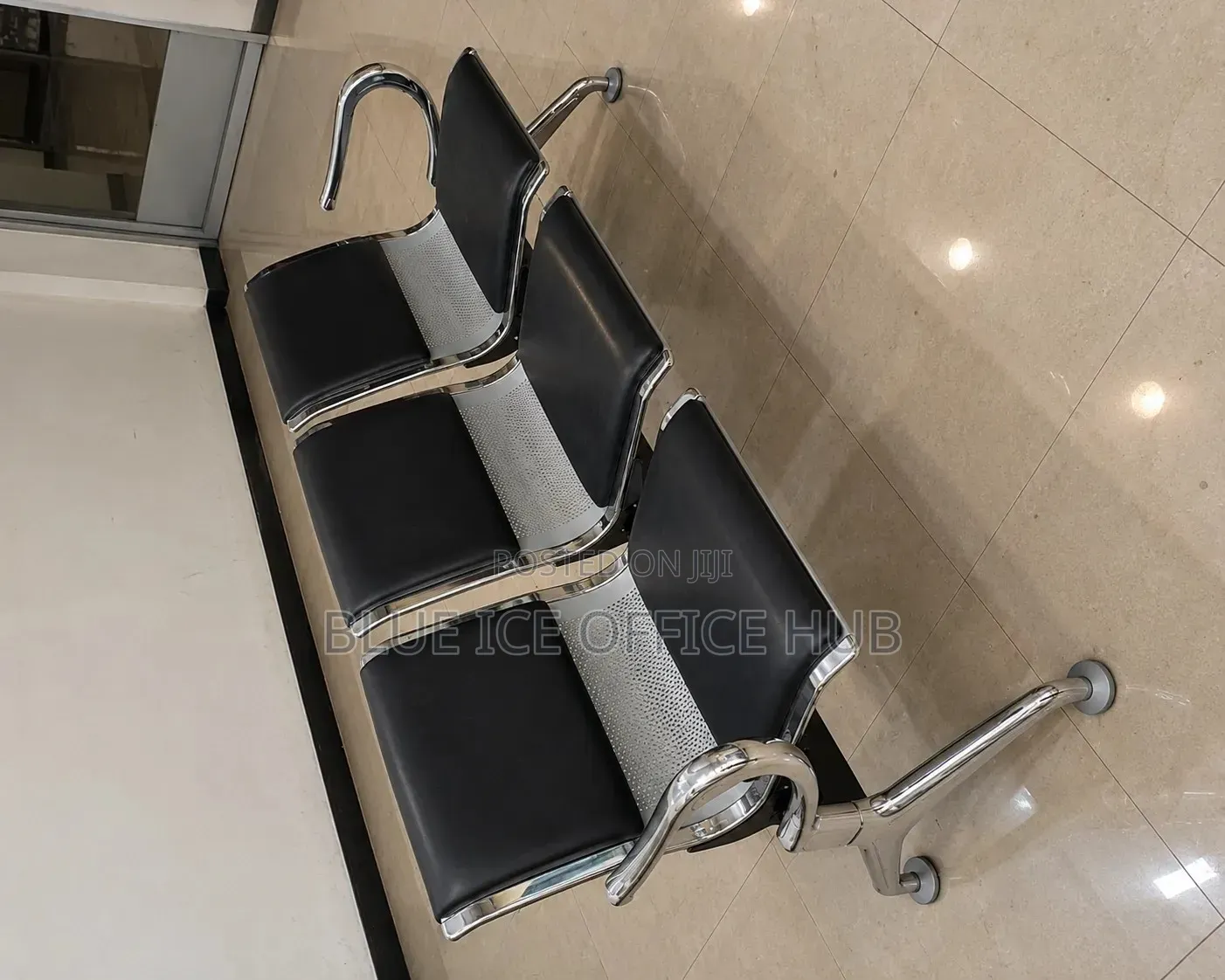 3 Seater Metallic Waiting Bench – Black Leather Office Reception Seats