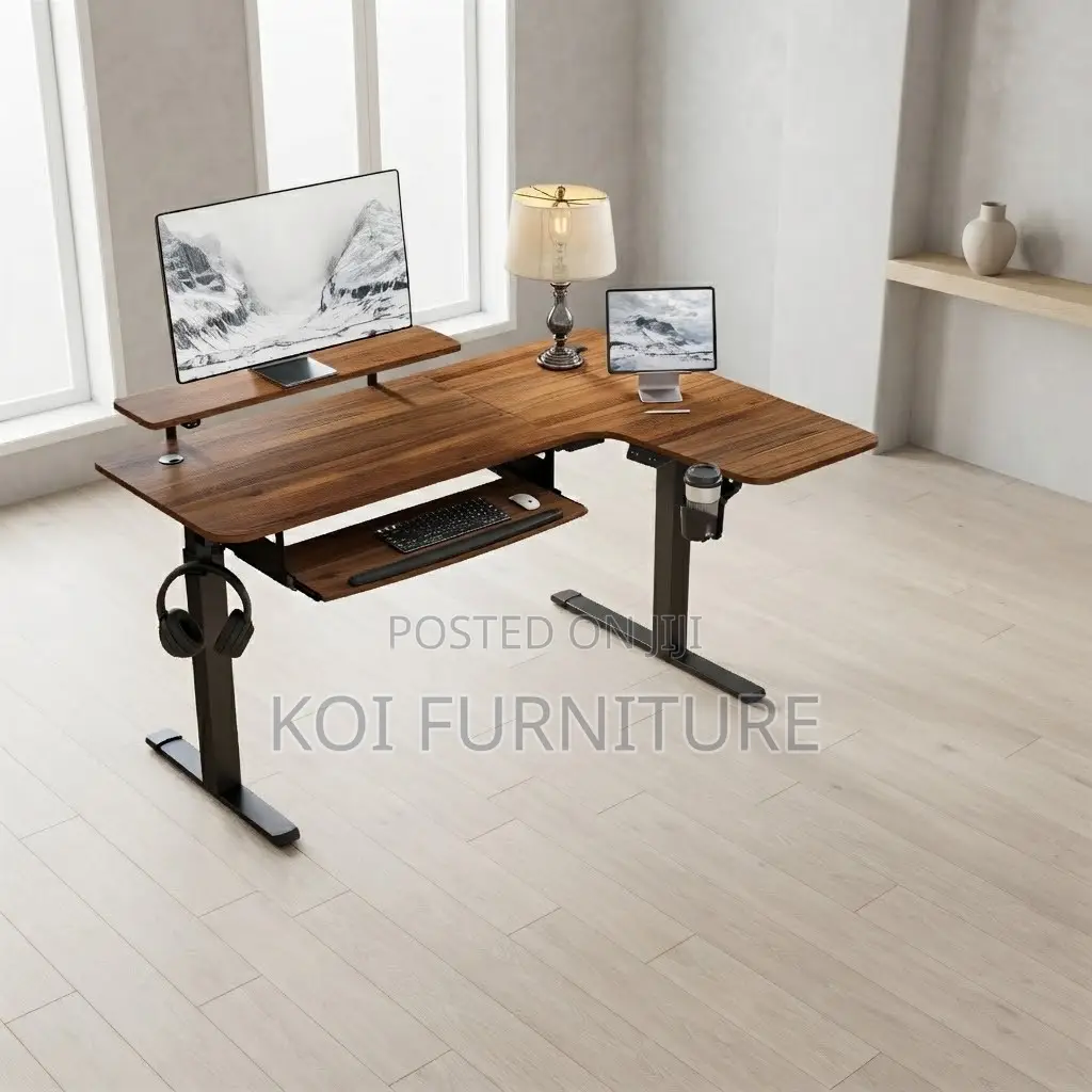 Office Desk; Electric 140cm Brown L Shape Modern Adjustable Desk
