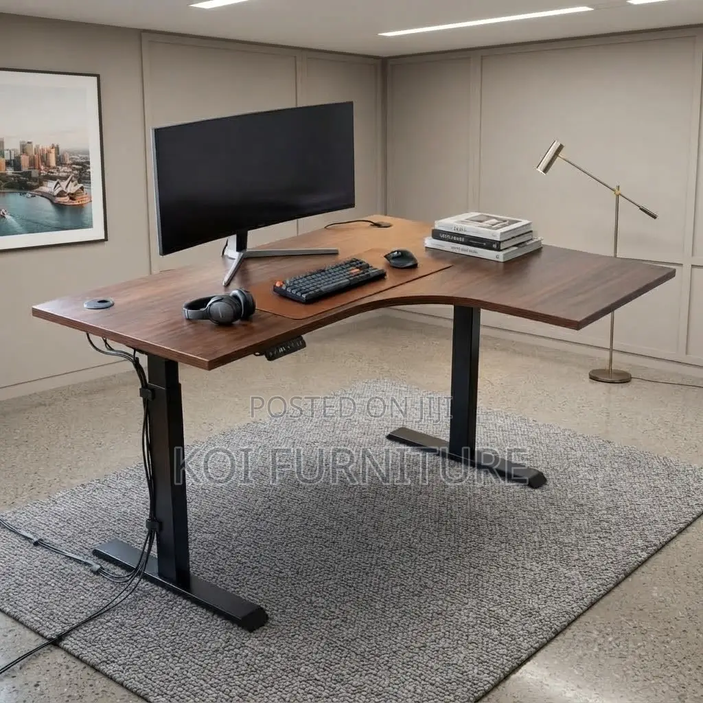 Office Desk; Electric 140cm Brown L Shape Modern Adjustable Desk