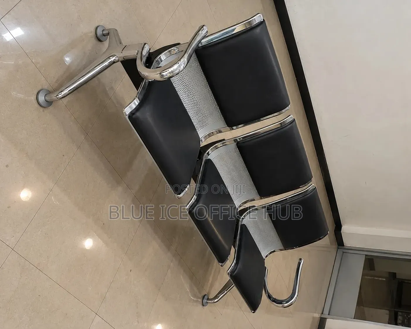 3 Seater Metallic Waiting Bench – Black Leather Office Reception Seats