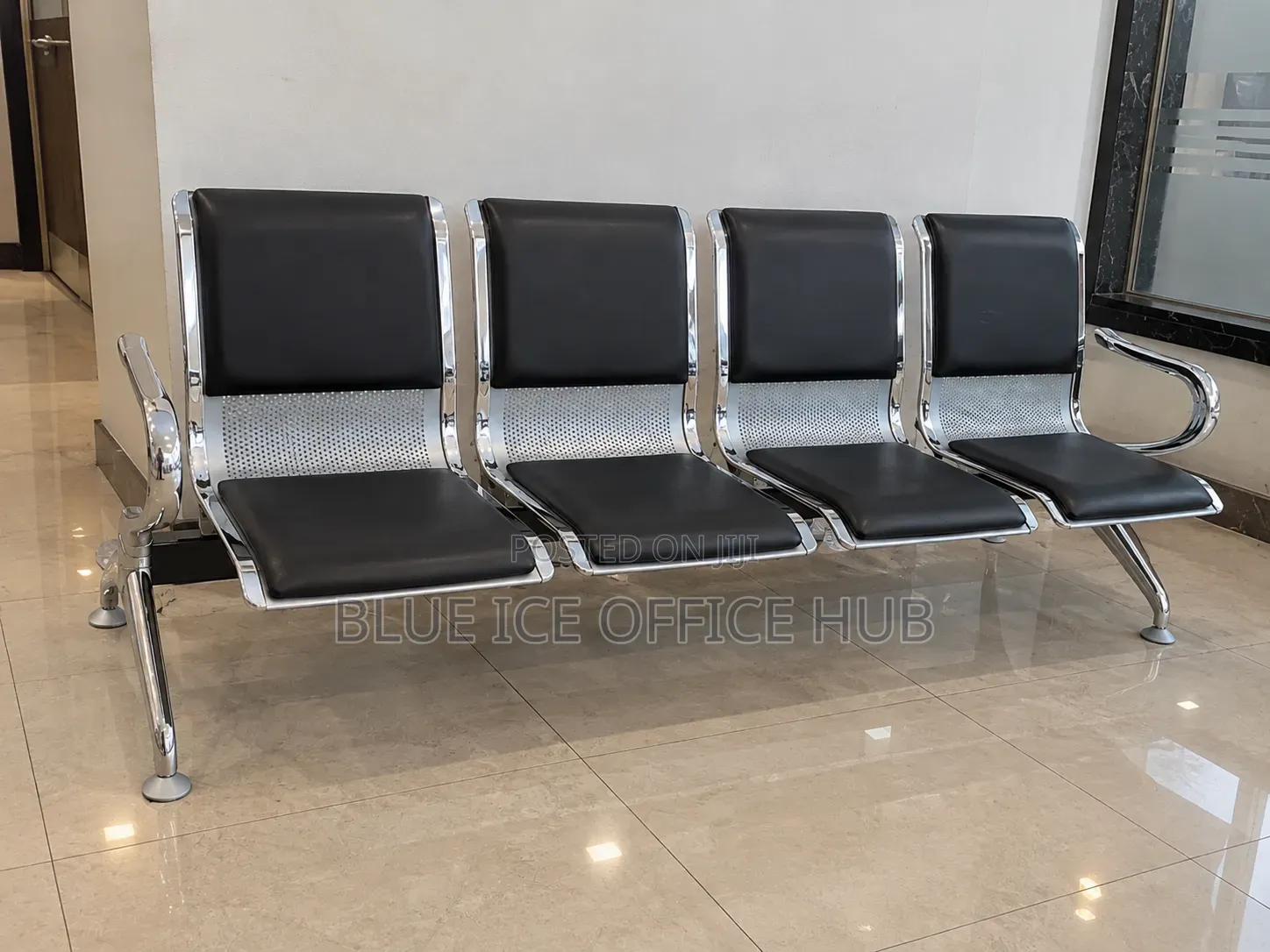 4 Seater Waiting Bench – Black Leather Metallic Reception Chair