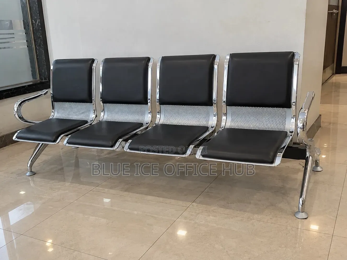 4 Seater Waiting Bench – Black Leather Metallic Reception Chair