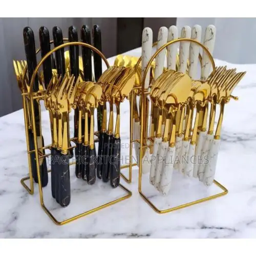 Marble 24pcs Gold Cutlery Set With a Gold Holder